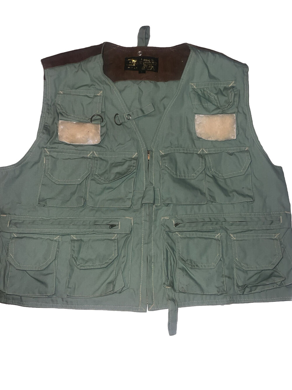 Vintage Olympic International Fly Fishing Vest Size M- Green w/ Leather